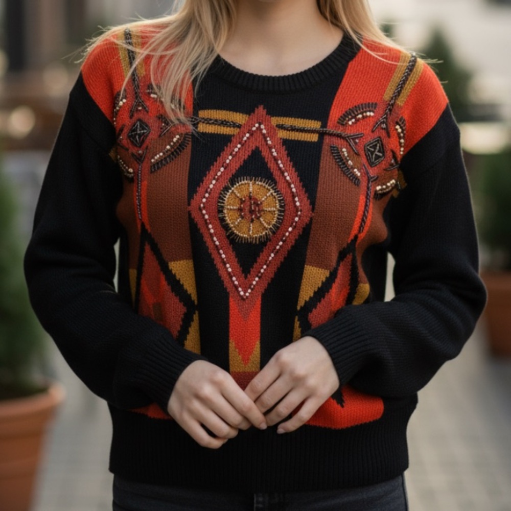 I.B. Diffusion Small Y2K Knit Sweater Beaded Diamond‎ Pattern Vintage Abstract